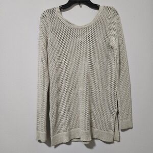 Lucky Brand Womens Metallic Gold Open Knit Lace Up Back Sweater Medium Champagne